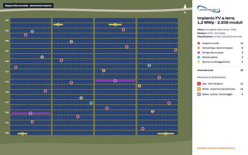 Mappa delle anomalie di un impianto fotovoltaico: moduli difettosi segnati per tipo, con legenda e priorità di intervento